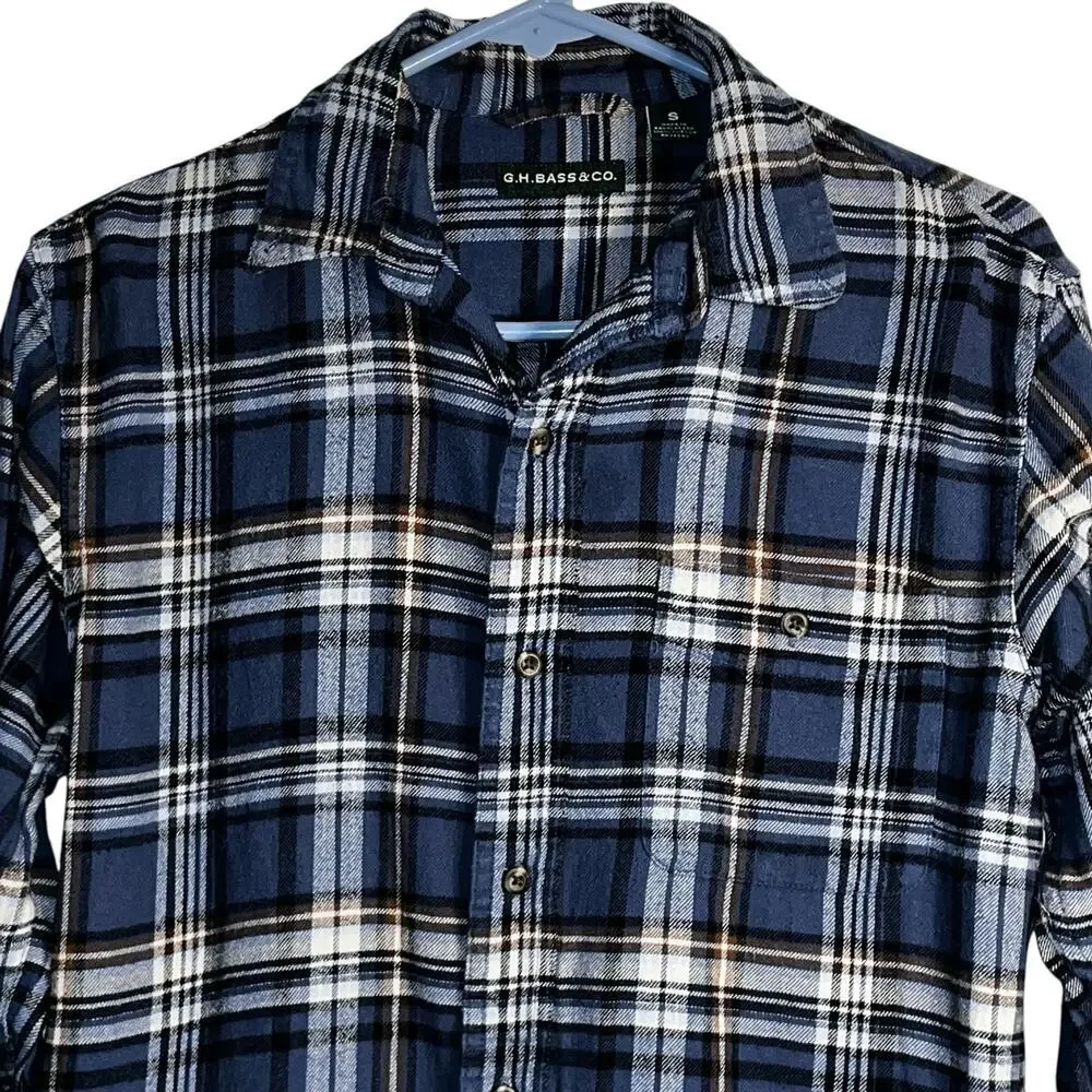 G.H. Bass & Co. Men’s Small Blue Brown White Plaid Flannel Shirt 100% Cotton